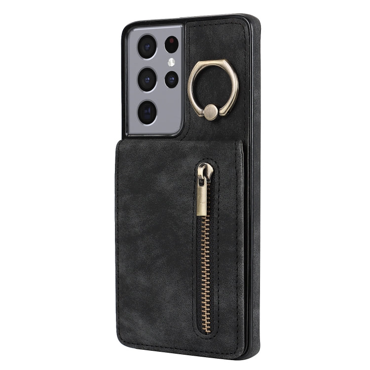 For Samsung Galaxy S21 Ultra 5G Retro Ring and Zipper RFID Card Slot Phone Case