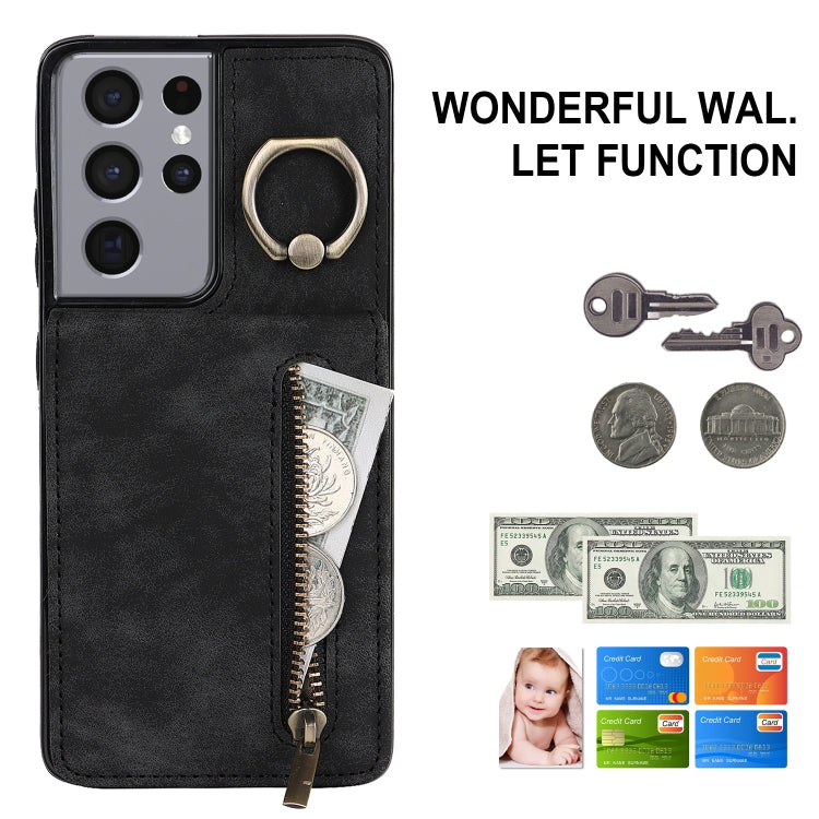 For Samsung Galaxy S21 Ultra 5G Retro Ring and Zipper RFID Card Slot Phone Case