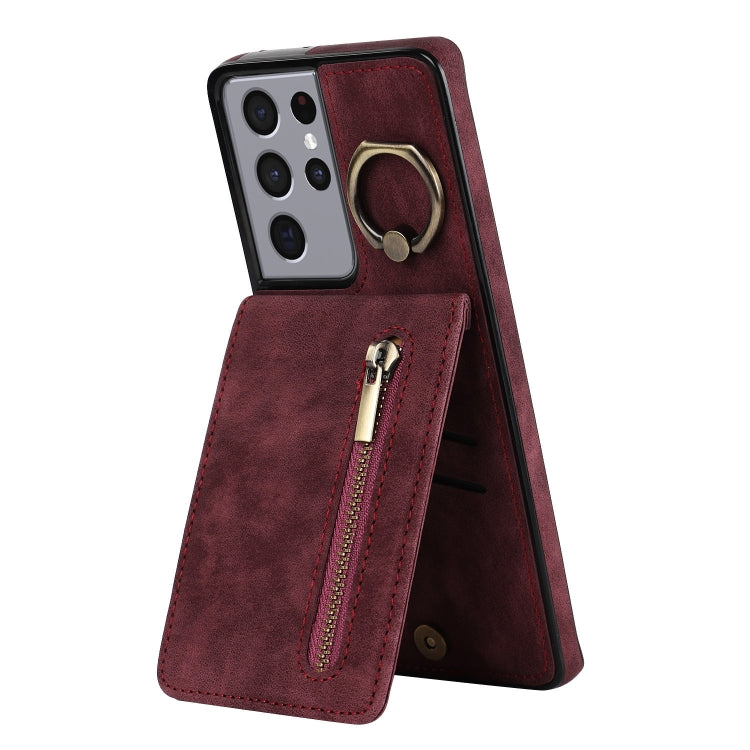 For Samsung Galaxy S21 Ultra 5G Retro Ring and Zipper RFID Card Slot Phone Case