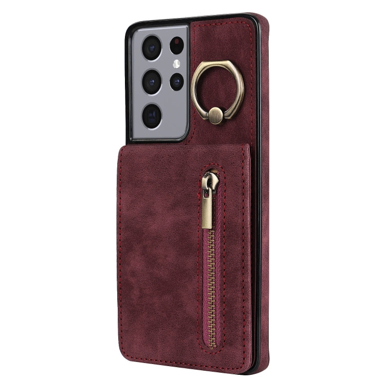 For Samsung Galaxy S21 Ultra 5G Retro Ring and Zipper RFID Card Slot Phone Case