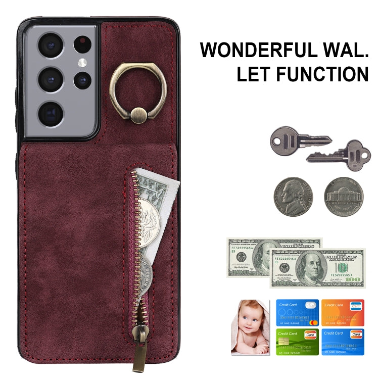 For Samsung Galaxy S21 Ultra 5G Retro Ring and Zipper RFID Card Slot Phone Case