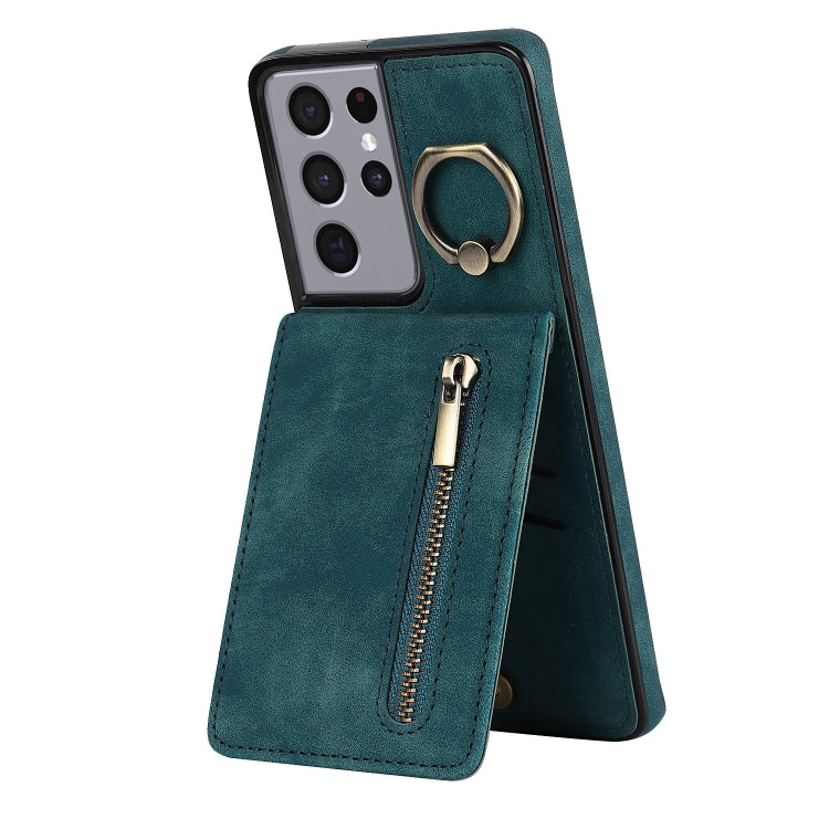 For Samsung Galaxy S21 Ultra 5G Retro Ring and Zipper RFID Card Slot Phone Case