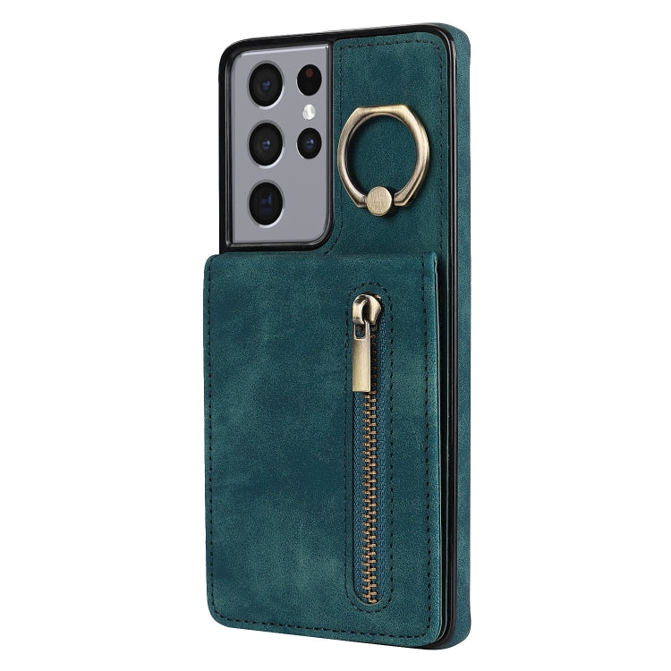 For Samsung Galaxy S21 Ultra 5G Retro Ring and Zipper RFID Card Slot Phone Case