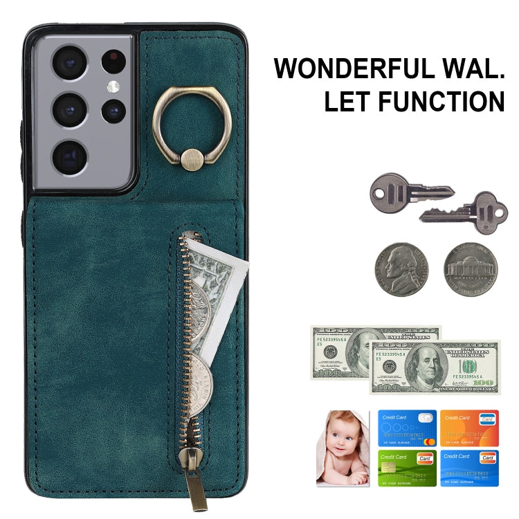 For Samsung Galaxy S21 Ultra 5G Retro Ring and Zipper RFID Card Slot Phone Case