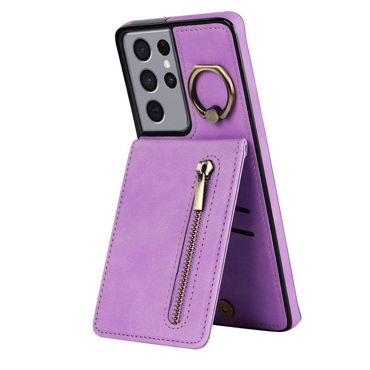 For Samsung Galaxy S21 Ultra 5G Retro Ring and Zipper RFID Card Slot Phone Case