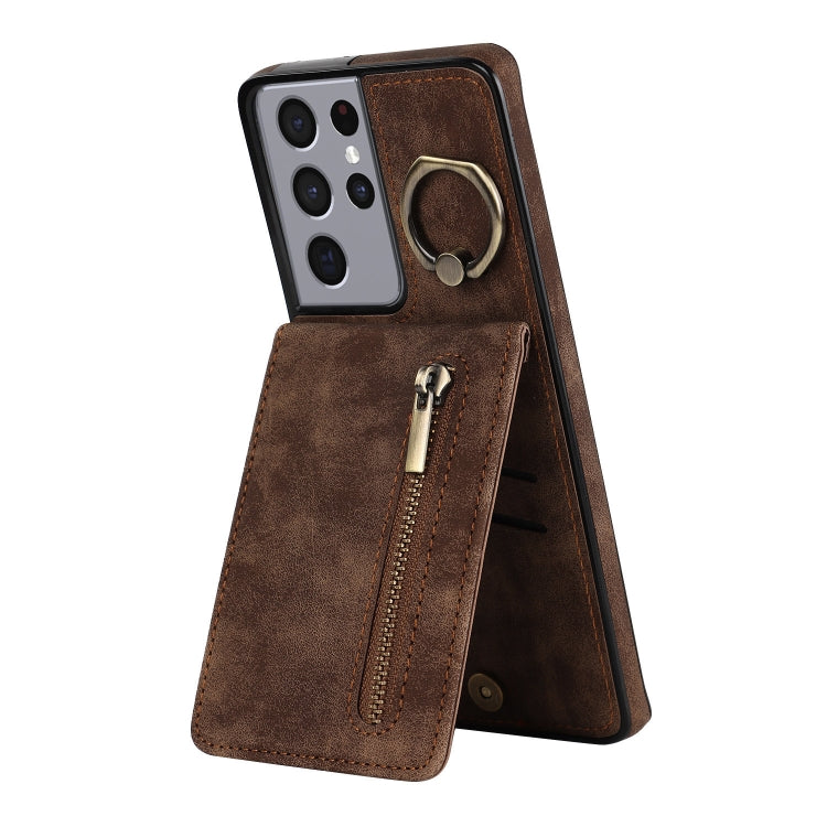 For Samsung Galaxy S21 Ultra 5G Retro Ring and Zipper RFID Card Slot Phone Case