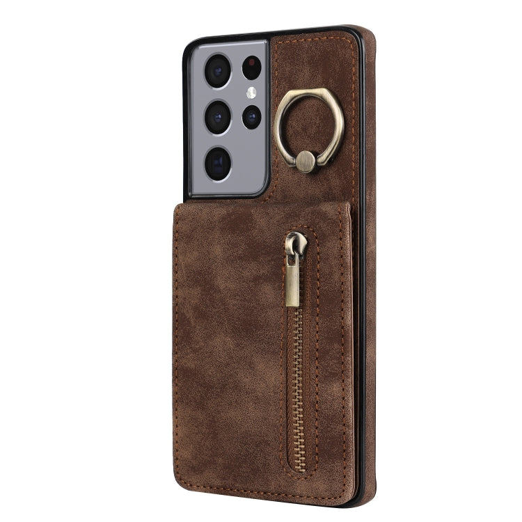 For Samsung Galaxy S21 Ultra 5G Retro Ring and Zipper RFID Card Slot Phone Case