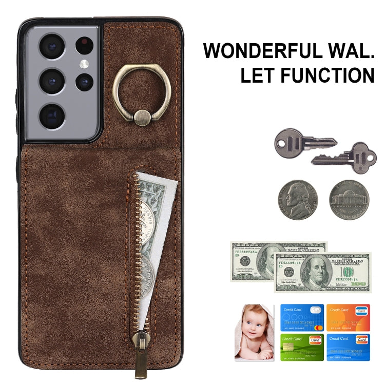 For Samsung Galaxy S21 Ultra 5G Retro Ring and Zipper RFID Card Slot Phone Case