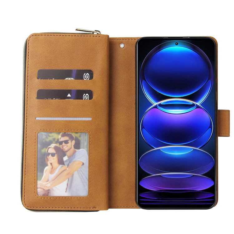 For Xiaomi Redmi Note 12 5G Global / Poco X5 9 Card Slots Zipper Wallet Bag Leather Phone Case