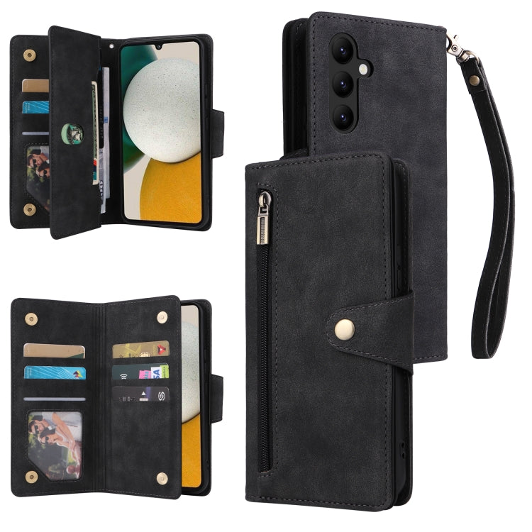 For Samsung Galaxy A34 Rivet Buckle 9 Cards Three Fold Leather Phone Case
