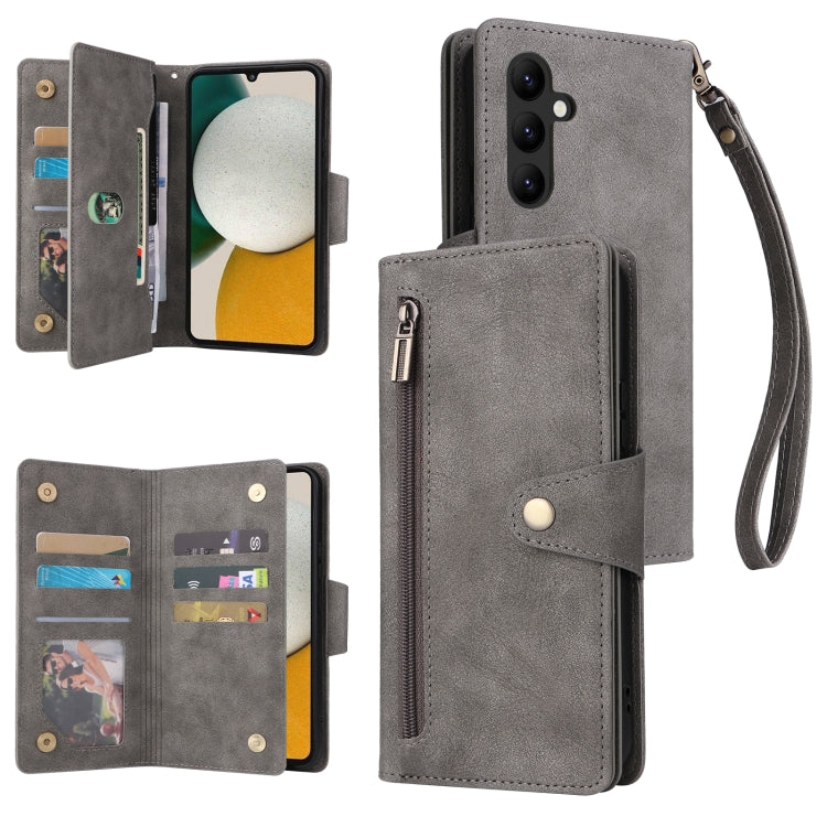 For Samsung Galaxy A34 Rivet Buckle 9 Cards Three Fold Leather Phone Case