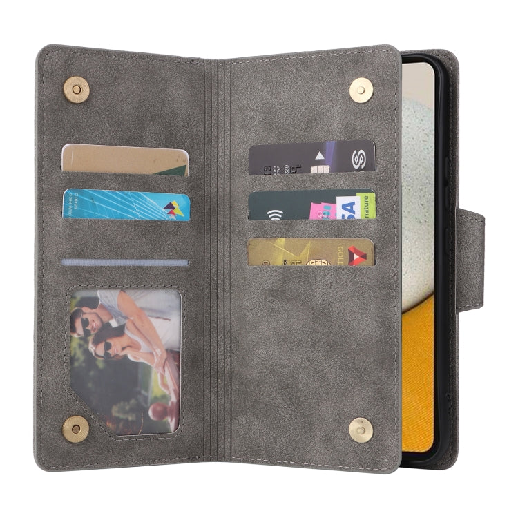For Samsung Galaxy A34 Rivet Buckle 9 Cards Three Fold Leather Phone Case