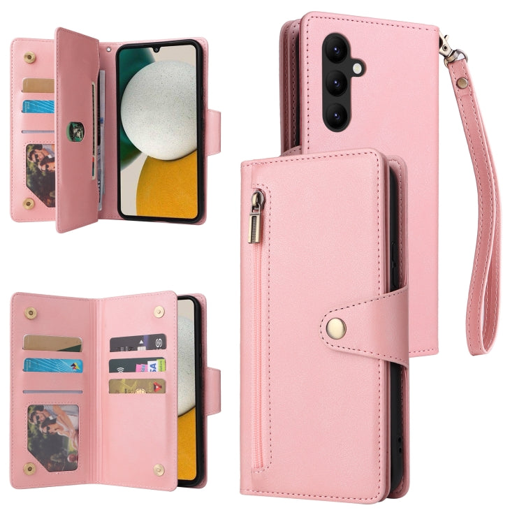 For Samsung Galaxy A34 Rivet Buckle 9 Cards Three Fold Leather Phone Case