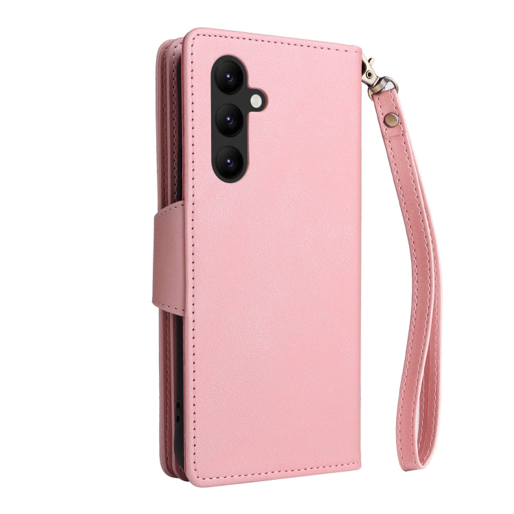 For Samsung Galaxy A34 Rivet Buckle 9 Cards Three Fold Leather Phone Case