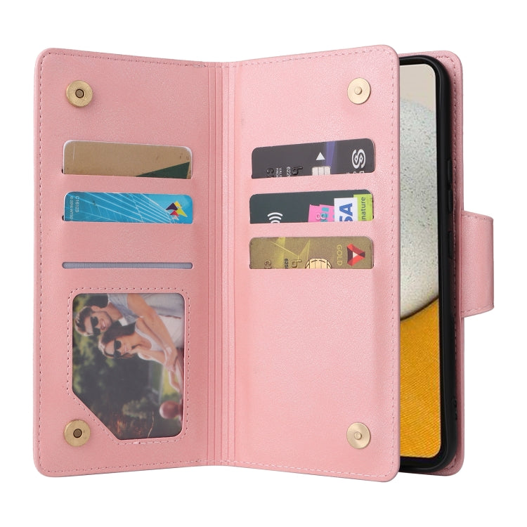 For Samsung Galaxy A34 Rivet Buckle 9 Cards Three Fold Leather Phone Case