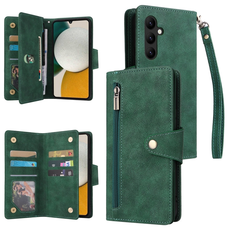 For Samsung Galaxy A34 Rivet Buckle 9 Cards Three Fold Leather Phone Case