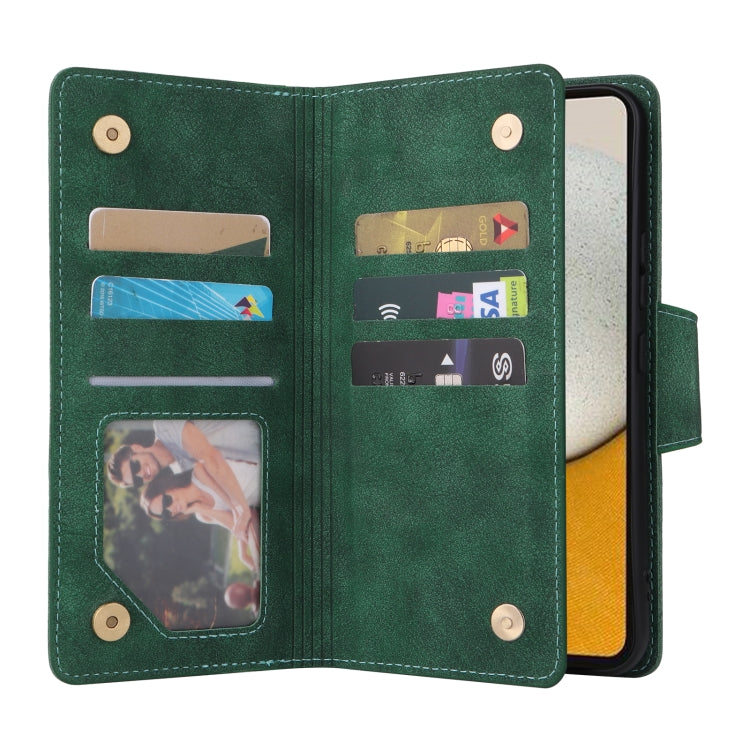For Samsung Galaxy A34 Rivet Buckle 9 Cards Three Fold Leather Phone Case