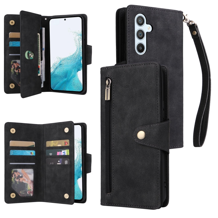 For Samsung Galaxy A54 Rivet Buckle 9 Cards Three Fold Leather Phone Case