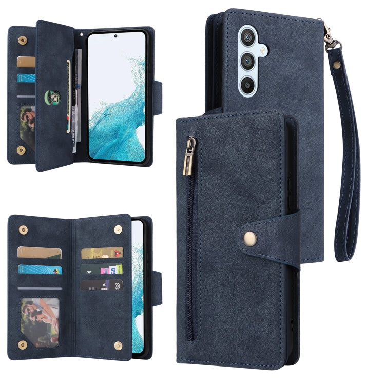 For Samsung Galaxy A54 Rivet Buckle 9 Cards Three Fold Leather Phone Case