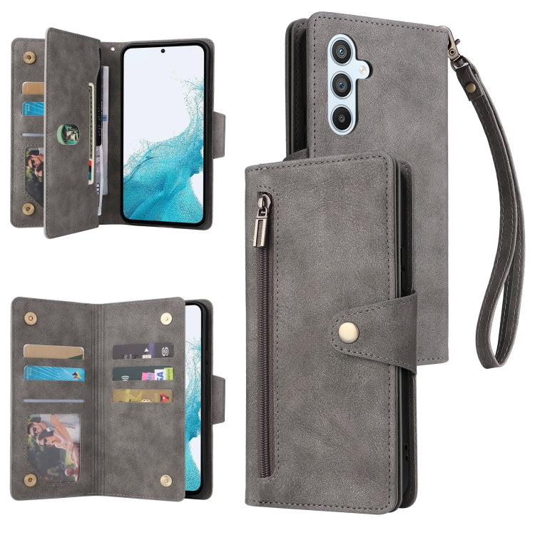 For Samsung Galaxy A54 Rivet Buckle 9 Cards Three Fold Leather Phone Case