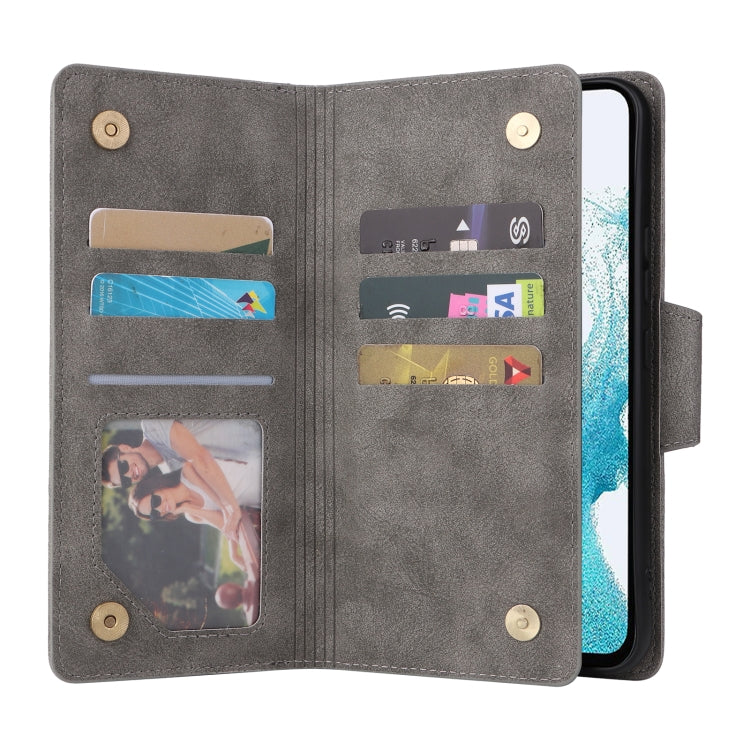 For Samsung Galaxy A54 Rivet Buckle 9 Cards Three Fold Leather Phone Case