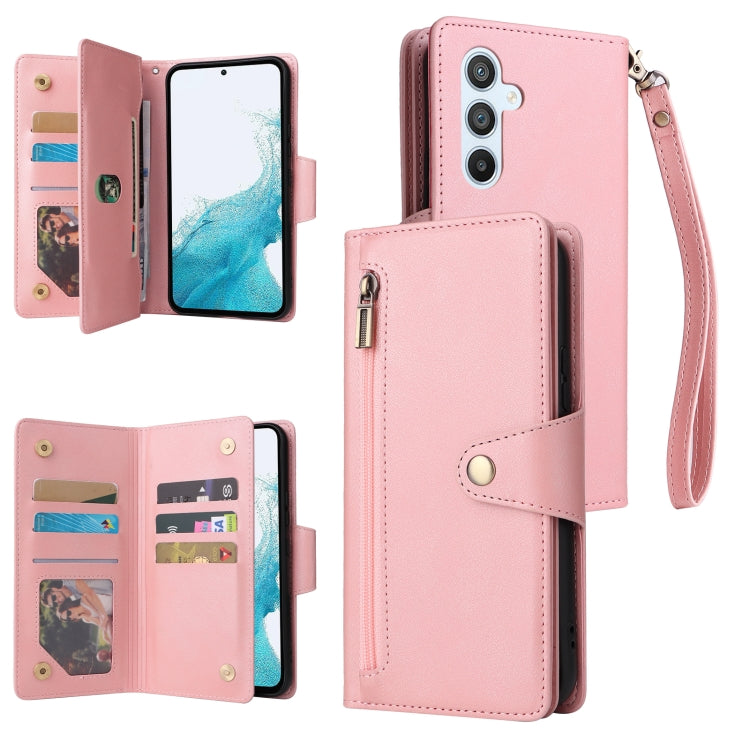 For Samsung Galaxy A54 Rivet Buckle 9 Cards Three Fold Leather Phone Case