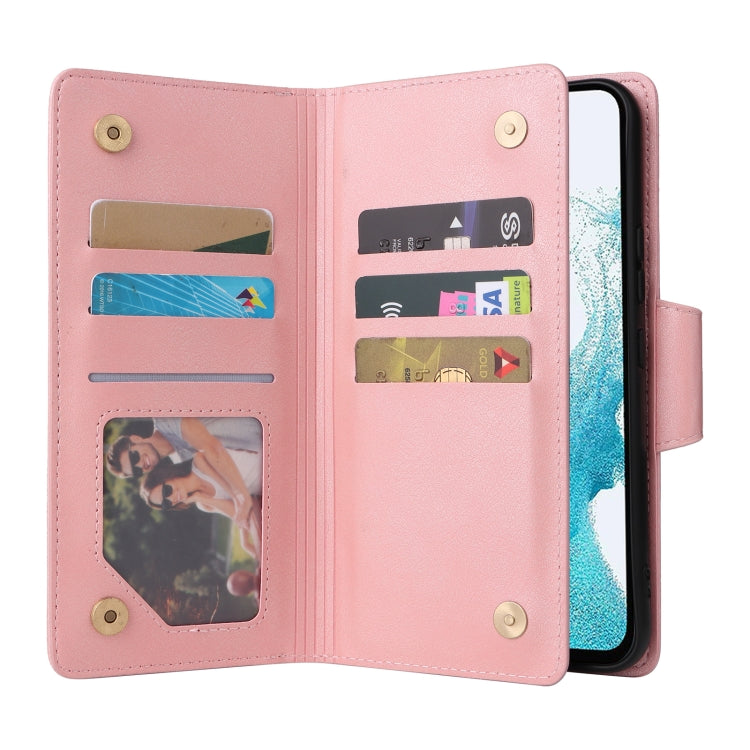 For Samsung Galaxy A54 Rivet Buckle 9 Cards Three Fold Leather Phone Case