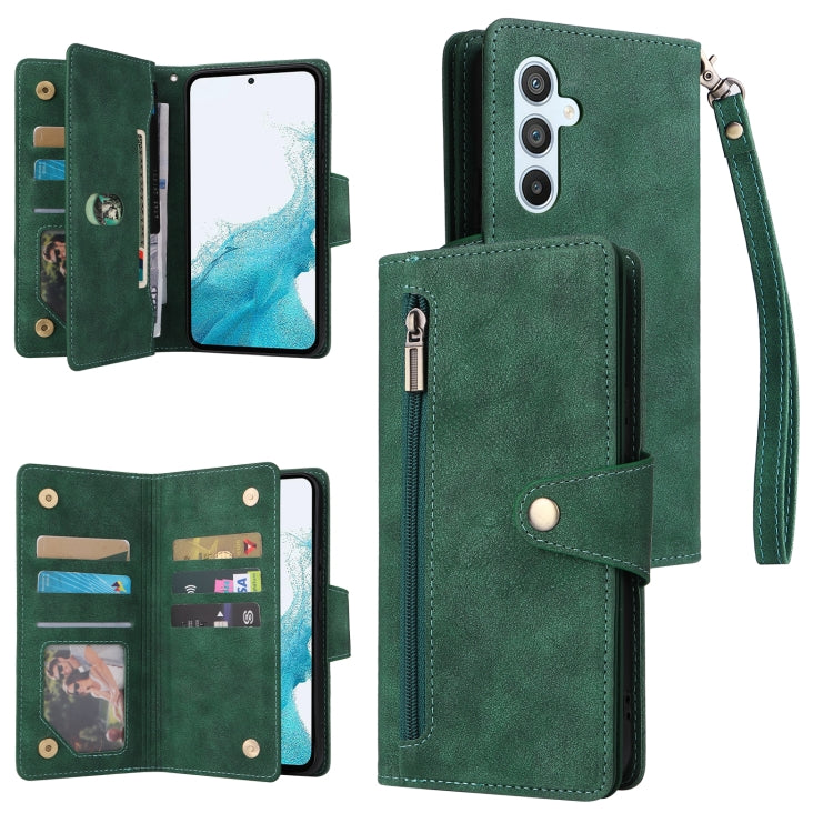 For Samsung Galaxy A54 Rivet Buckle 9 Cards Three Fold Leather Phone Case