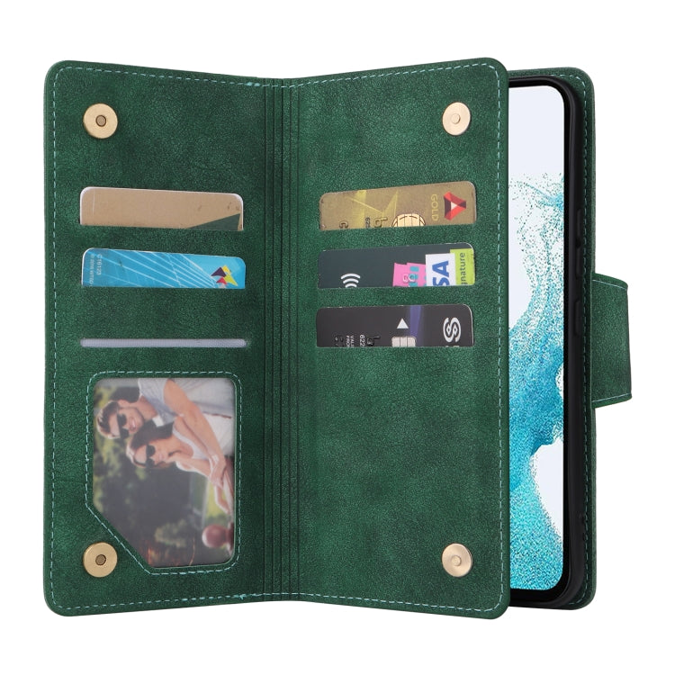 For Samsung Galaxy A54 Rivet Buckle 9 Cards Three Fold Leather Phone Case
