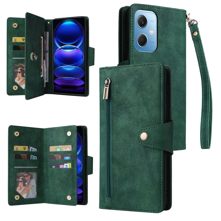 For Xiaomi Redmi Note 12 5G Global / Poco X5 Rivet Buckle 9 Cards Three Fold Leather Phone Case