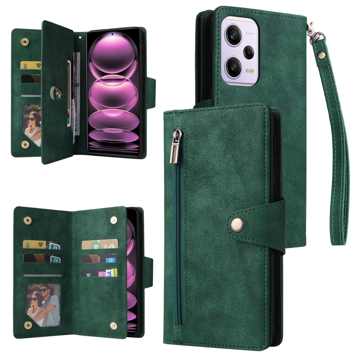 For Xiaomi Redmi Note 12 Pro 5G Speed / Note 12 Pro 5G Global / Poco X5 Pro Rivet Buckle 9 Cards Three Fold Leather Phone Case