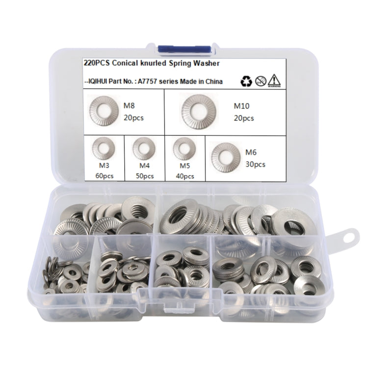 A7757 220 in 1 6 Sizes 304 Stainless Steel Conical Knurled Spring Washer Assortment Kit