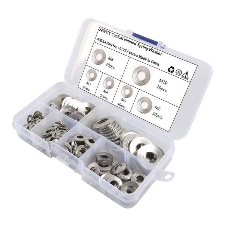 A7757 220 in 1 6 Sizes 304 Stainless Steel Conical Knurled Spring Washer Assortment Kit