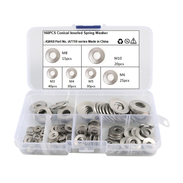 A7759 160 in 1 6 Sizes 304 Stainless Steel Conical Knurled Spring Washer Assortment Kit