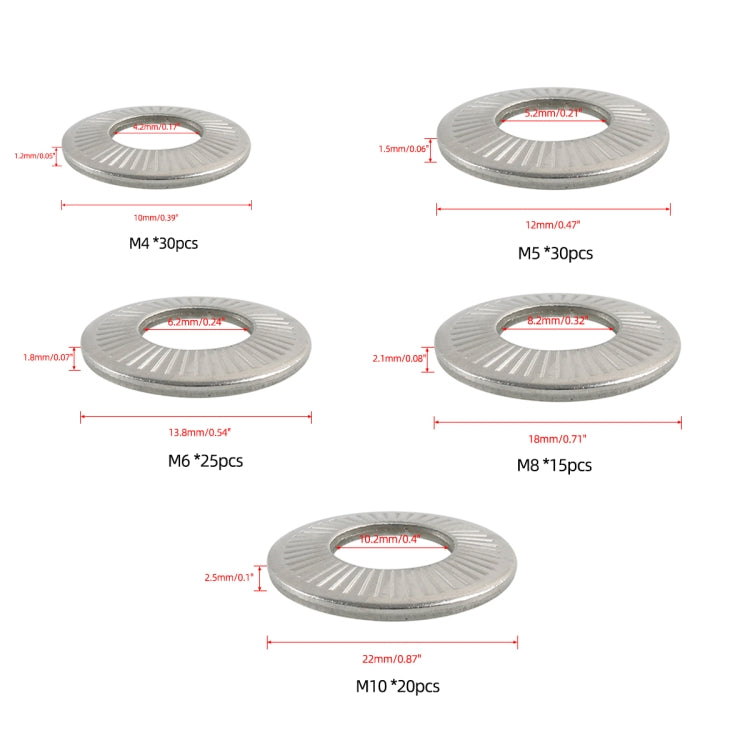 A7760 140 in 1 5 Sizes 304 Stainless Steel Conical Knurled Spring Washer Assortment Kit
