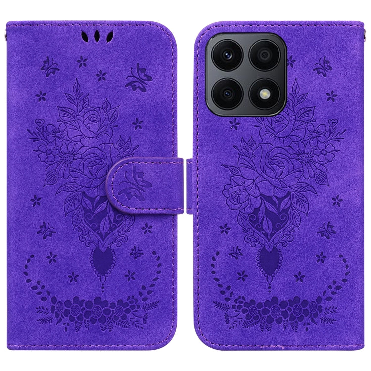 For Honor X8a Butterfly Rose Embossed Leather Phone Case