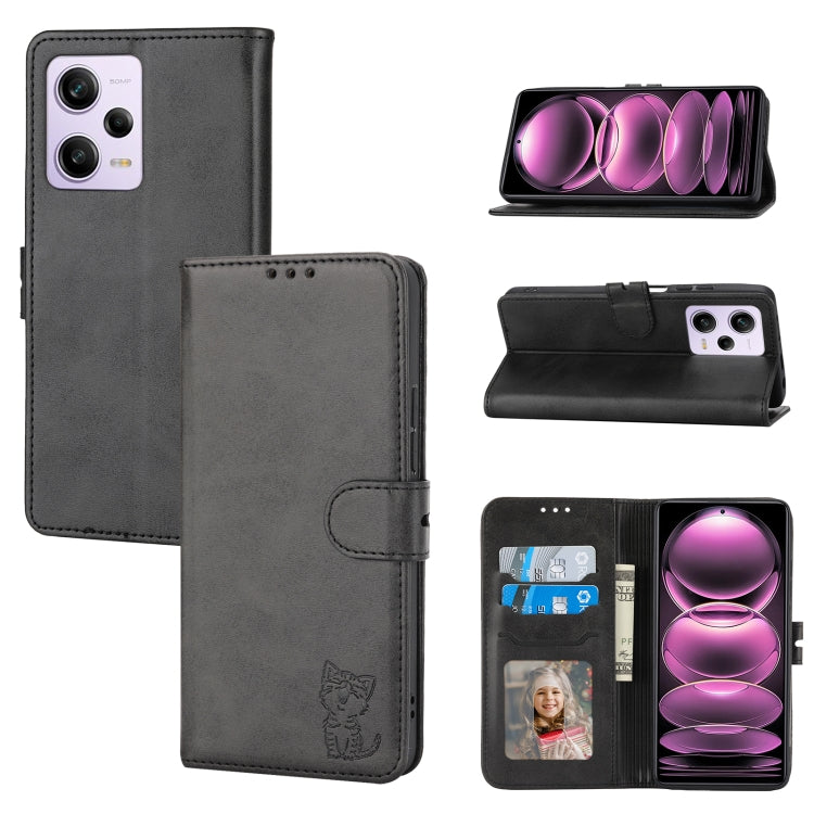For Xiaomi Redmi Note 12 5G Global Embossed Happy Cat Pattern Flip Leather Phone Case