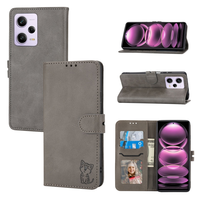 For Xiaomi Redmi Note 12 5G Global Embossed Happy Cat Pattern Flip Leather Phone Case