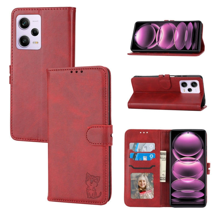For Xiaomi Redmi Note 12 Pro 5G Global Embossed Happy Cat Pattern Flip Leather Phone Case