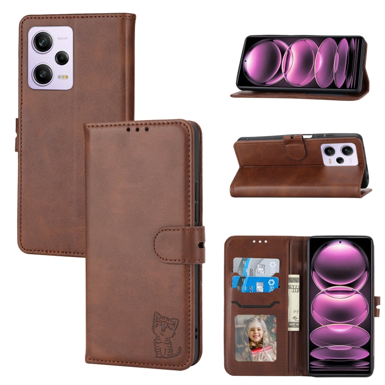 For Xiaomi Redmi Note 12 Pro+ 5G Global Embossed Happy Cat Pattern Flip Leather Phone Case
