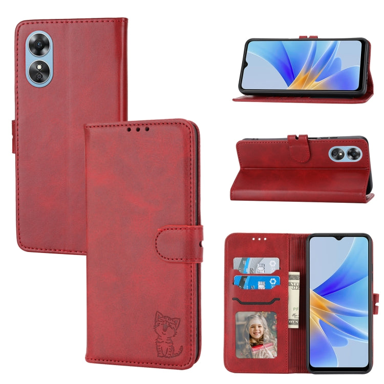 For OPPO A17 Embossed Happy Cat Pattern Flip Leather Phone Case