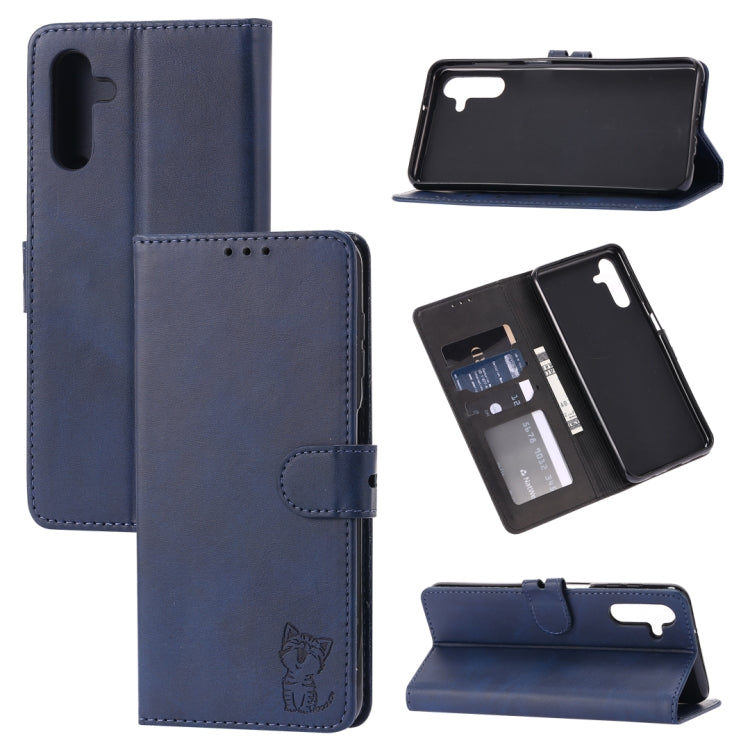 For Samsung Galaxy A14 5G Embossed Happy Cat Pattern Flip Leather Phone Case