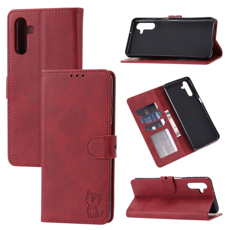 For Samsung Galaxy A14 5G Embossed Happy Cat Pattern Flip Leather Phone Case
