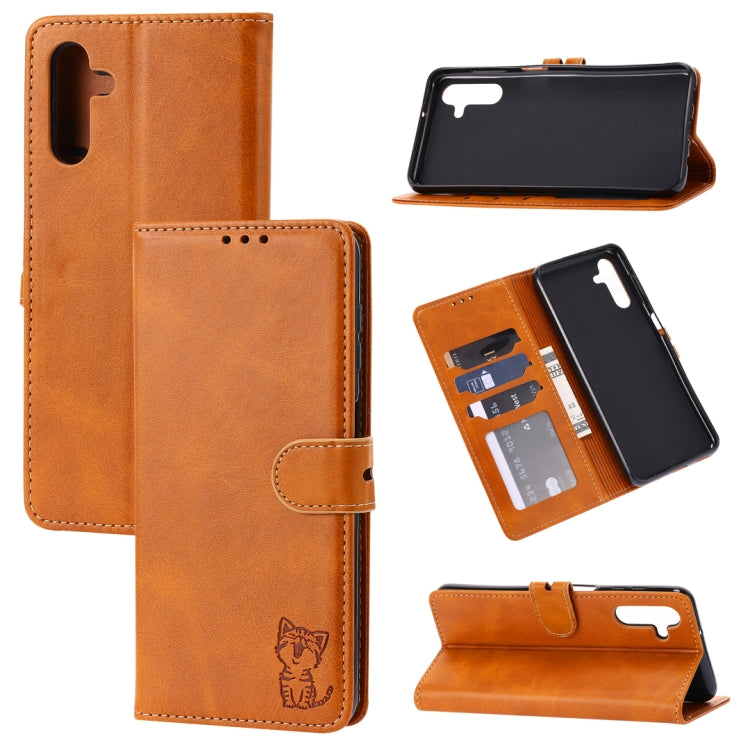For Samsung Galaxy A14 5G Embossed Happy Cat Pattern Flip Leather Phone Case