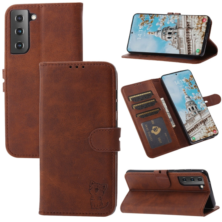 For Samsung Galaxy S23 5G Embossed Happy Cat Pattern Flip Leather Phone Case
