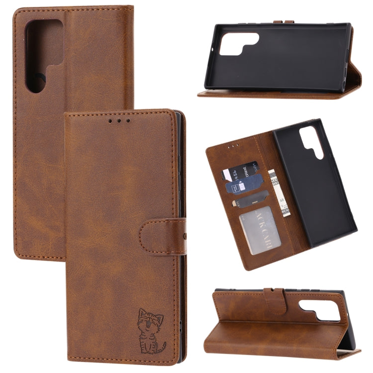 For Samsung Galaxy S23 Ultra 5G Embossed Happy Cat Pattern Flip Leather Phone Case