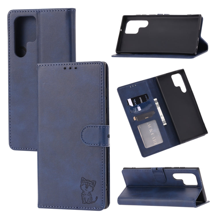 For Samsung Galaxy S23 Ultra 5G Embossed Happy Cat Pattern Flip Leather Phone Case
