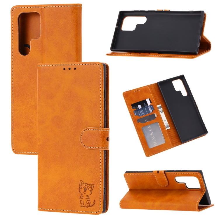 For Samsung Galaxy S23 Ultra 5G Embossed Happy Cat Pattern Flip Leather Phone Case