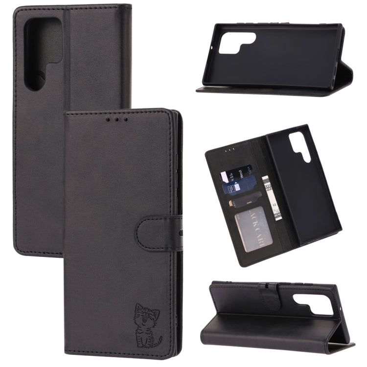 For Samsung Galaxy S23 Ultra 5G Embossed Happy Cat Pattern Flip Leather Phone Case
