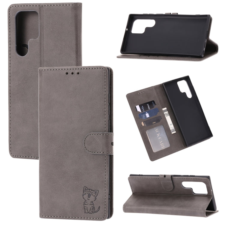 For Samsung Galaxy S23 Ultra 5G Embossed Happy Cat Pattern Flip Leather Phone Case